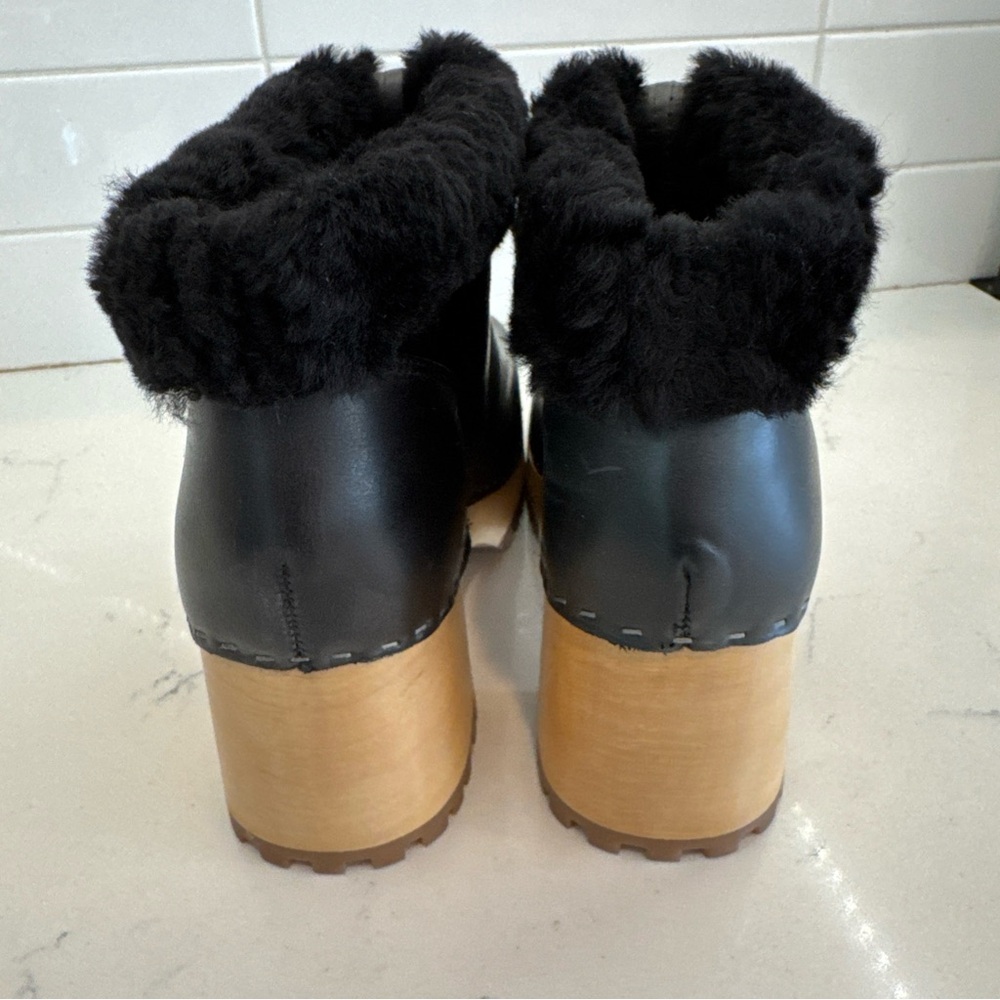 New MIA Clogs ‘Josi’ Women's Black Leather Boots with Sheep Fur Lining wood heel - Picture 4 of 11